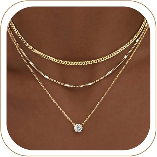Women's Layered Gold Necklace Set, 14K Gold Plated Delicate Pendant Necklace Set, Colorfast, Thick Stackable Cuban Chain Choker