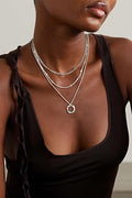 Women's Layered Silver Necklace, Sterling Silver Stackable Choker, Fashionable Layered Round Pendant Necklace Set