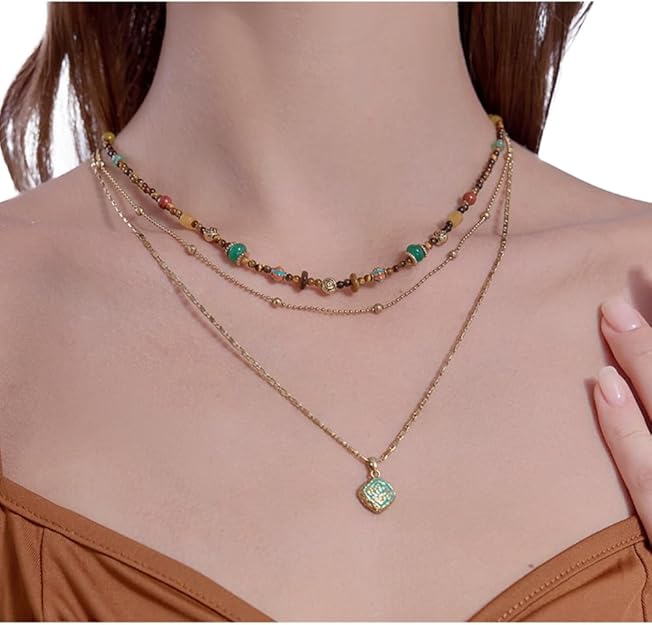 Vintage Style Multi-Layer Beaded Necklace, Fashionable Women's Gold-Plated Necklace