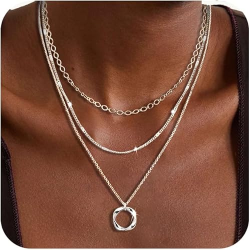 Women's Layered Silver Necklace, Sterling Silver Stackable Choker, Fashionable Layered Round Pendant Necklace Set