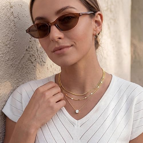 Women's Layered Gold Necklace Set, 14K Gold Plated Delicate Pendant Necklace Set, Colorfast, Thick Stackable Cuban Chain Choker